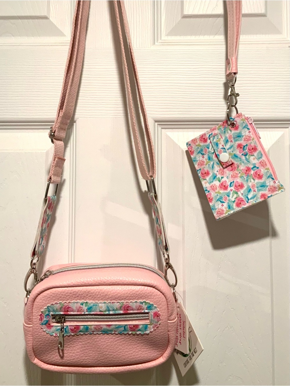 Pink & Floral Mini Bag with Wristlet and Crossbody Straps, Coin Purse